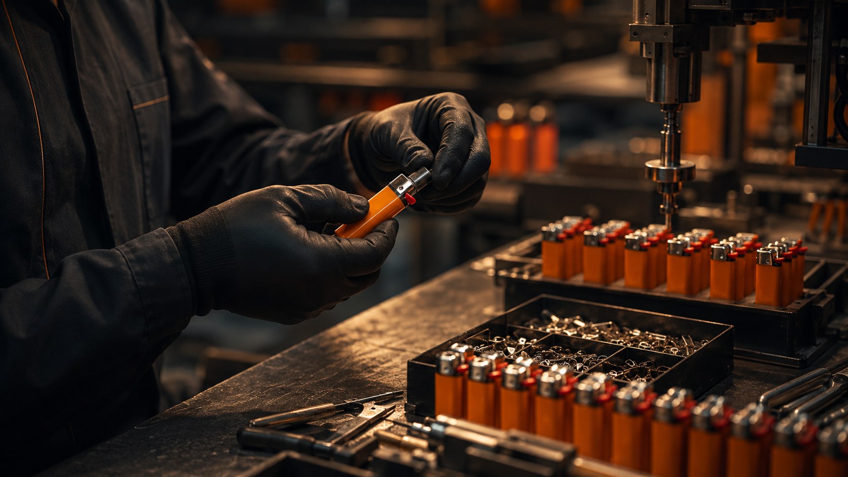 Gloved worker fitting a metal ignition head onto an orange lighter body