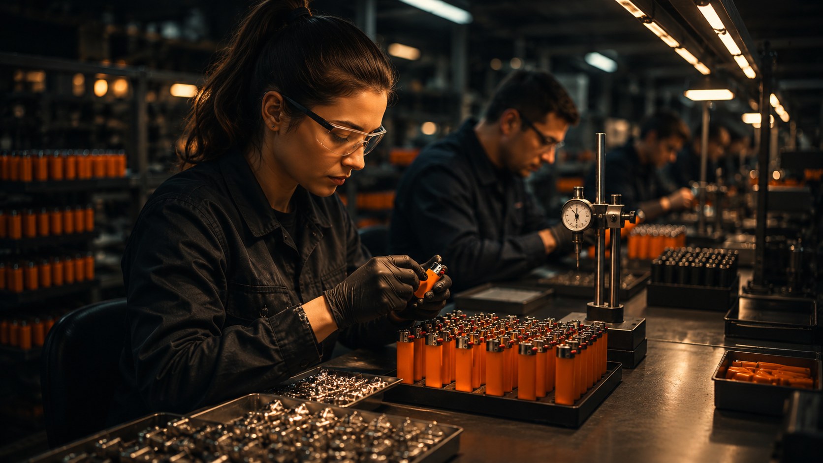 Technicians inspecting rows of orange lighters at a precision assembly bench