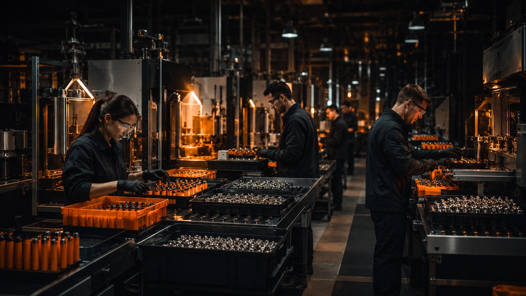Workers assembling orange lighters at organized factory workstations