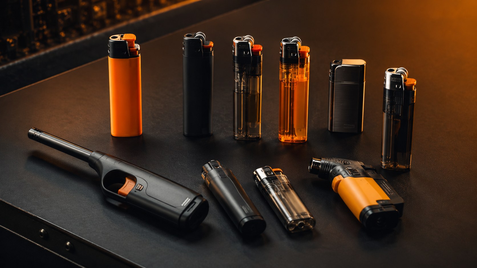 Assorted lighter models arranged on a dark studio surface with warm orange lighting