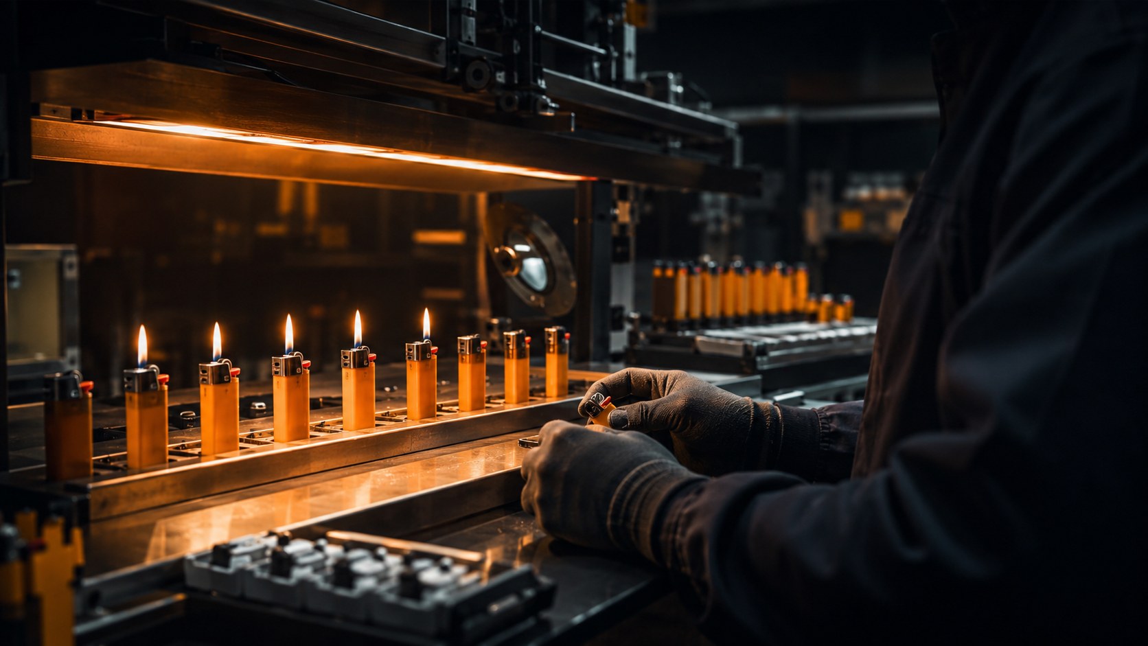 Lighters being reviewed with controlled flames under a warm inspection hood