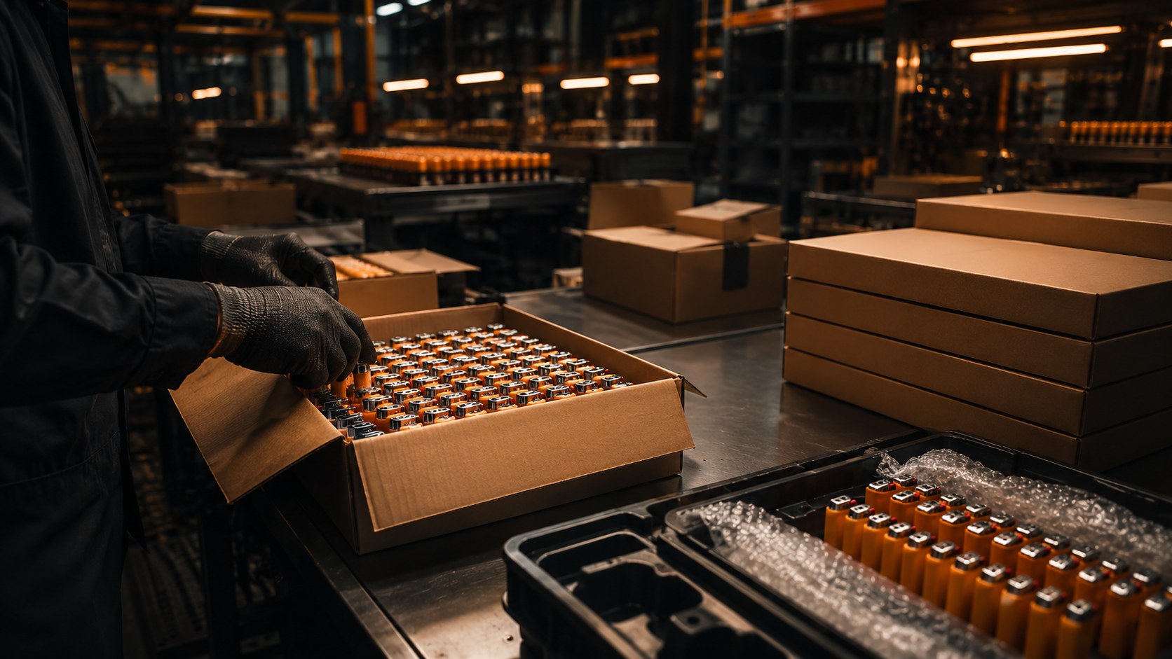 Finished orange lighters being packed into cartons at a dark industrial packing station