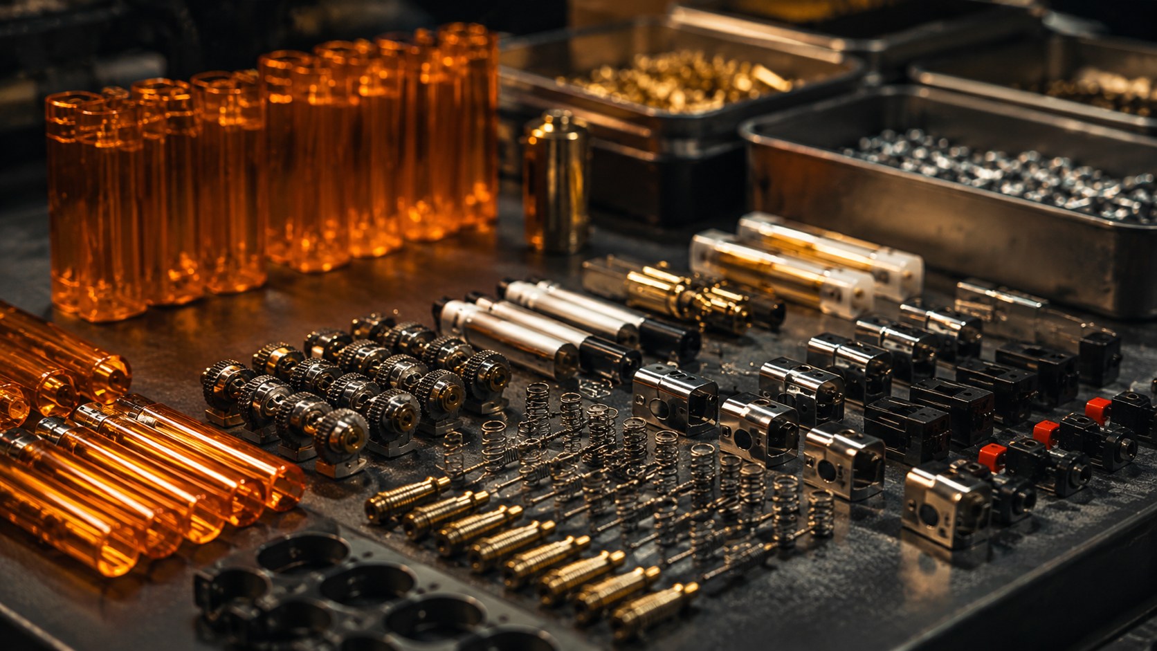 Lighter shells, spark wheels, valves, springs, and metal guards arranged on a dark workbench