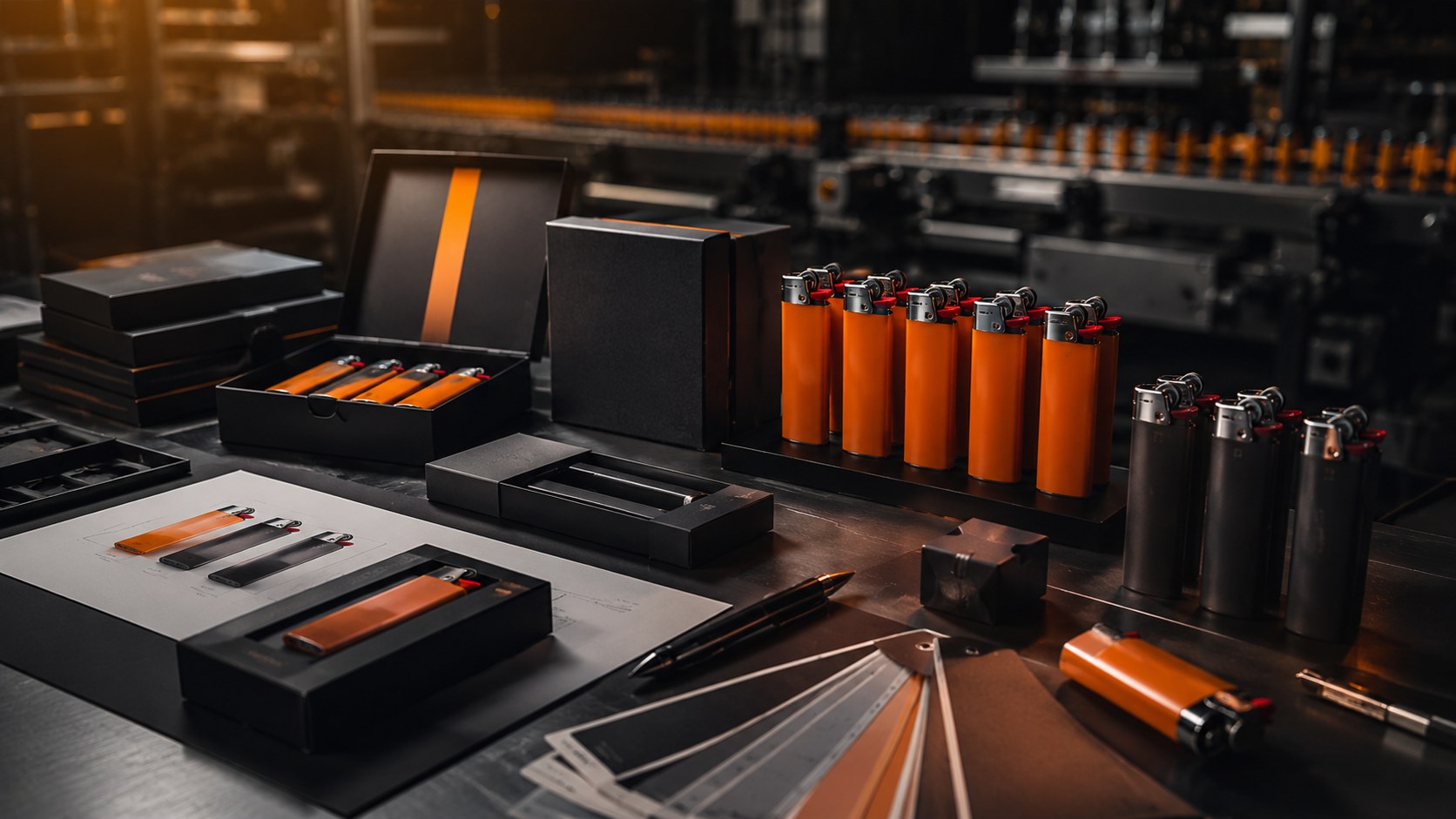 Lighter samples and packaging mockups on a dark product design desk
