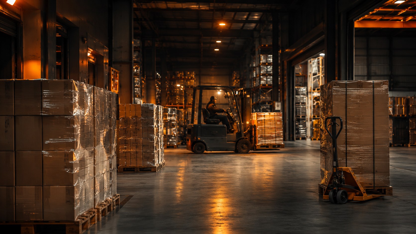 Warehouse with palletized cartons, forklift, and warm industrial lighting